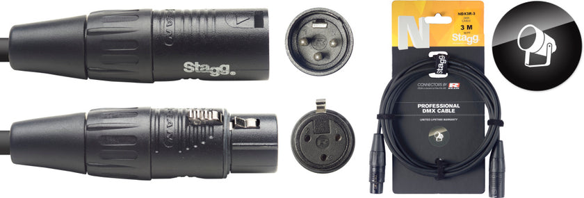 NDX3R-3 3M/10F Dmx Cbl Xlrf-Xlrm 3P Bk